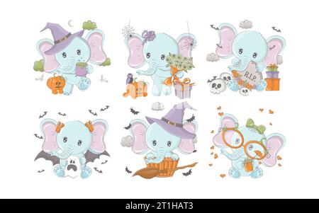 Set of Cartoon Halloween Elephant. Collection of Cute Vector Halloween Animal Illustrations. Stock Vector