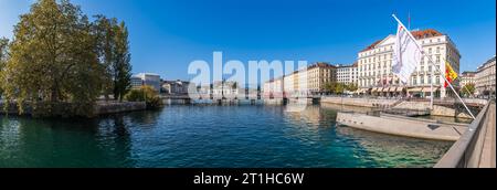 The Rhône river flowing into Lake Geneva, in Geneva, Switzerland Stock Photo