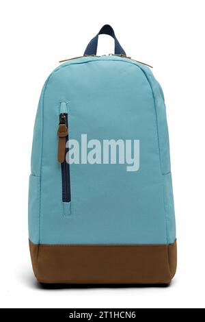 close up trendy fashionable school backpack blue color isolated on white background with clipping path. front view shoulder strap bag. Stock Photo