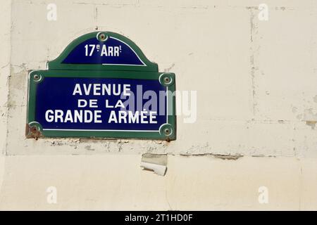 paris street signs and indication in the city intra muros, Avenue de la grande armée nearby the triumph arc Stock Photo