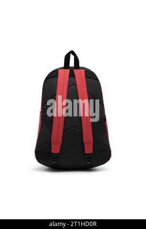 close up trendy fashionable school backpack red and black color isolated on white background with clipping path. back view shoulder strap bag. Stock Photo