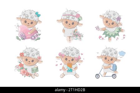 Set of Cartoon Isolated Sheep. Collection of Cute Vector Cartoon Lamb Illustrations for Stickers Stock Vector