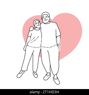 lover couple embracing on big pink heart shape illustration vector hand drawn isolated on white background Stock Vector