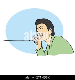 Closeup man talking on can phone illustration vector hand drawn isolated on white background Stock Vector