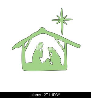 Black line drawing of born Jesus with Joseph and Mary illustration vector hand drawn Stock Vector