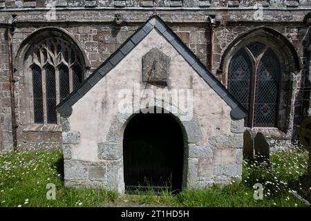 1758 sundial by cemetary with gargoyles, St Peter's Church, Ugborough ...