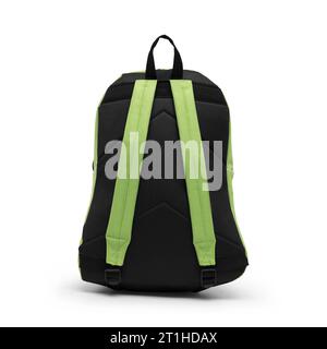 close up trendy fashionable school backpack green and black color isolated on white background with clipping path. back view shoulder strap bag. Stock Photo
