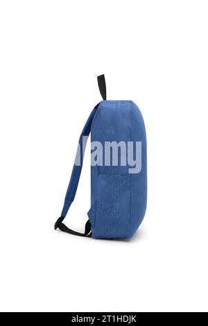 close up trendy fashionable school backpack blue color isolated on white background with clipping path. side view shoulder strap bag. Stock Photo