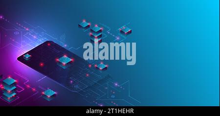 Isometric big data processing concept, cloud database. Abstract technology background. Vector illustration Stock Vector