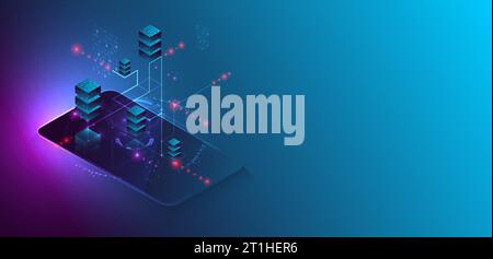 Isometric big data processing concept, cloud database. Abstract technology background. Vector illustration Stock Vector