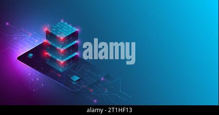 Isometric big data processing concept, cloud database. Abstract technology background. Vector illustration Stock Vector