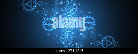 Abstract blue technological background. Structure square pattern with cogwheels and plexus effect. Vector Stock Vector