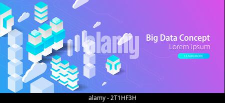 Isometric big data flow processing concept, cloud database. Abstract technology background. Stock Vector