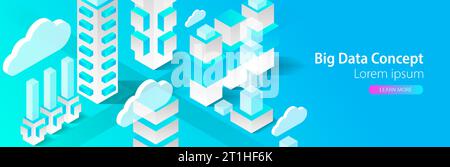 Isometric big data flow processing concept, cloud database. Abstract technology background. Stock Vector