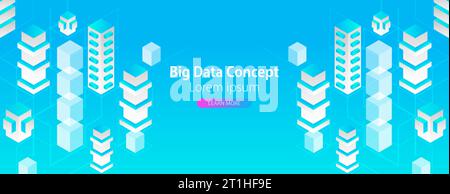 Isometric big data flow processing concept, cloud database. Abstract technology background. Stock Vector