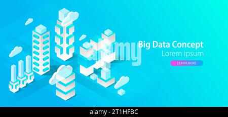Isometric big data flow processing concept, cloud database. Abstract technology background. Stock Vector