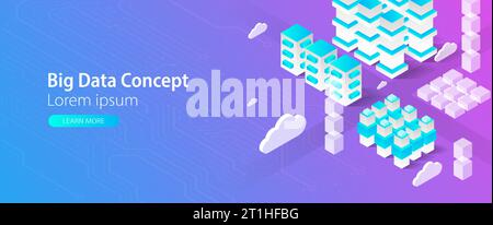 Isometric big data flow processing concept, cloud database. Abstract technology background. Stock Vector