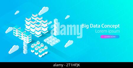 Isometric big data flow processing concept, cloud database. Abstract technology background. Stock Vector