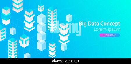 Isometric big data flow processing concept, cloud database. Abstract technology background. Stock Vector