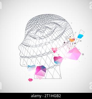 Outline of a human head with an abstract wave. Plexus effect. Stock Vector