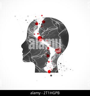 The human head is made in the style of a frame. Toporgagraphy in the contour.  Vector plexus art. Stock Vector