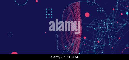 Outline of a human head with an abstract wave. Plexus effect. Stock Vector