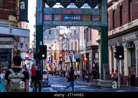 Melbourne, Australia. 11th Oct, 2023. This photo taken on Oct. 11, 2023 shows a street scene in Melbourne's Chinatown, Australia. Credit: Chu Chen/Xinhua/Alamy Live News Stock Photo