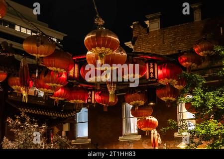 Melbourne, Australia. 11th Oct, 2023. Red lanterns are seen along a street in Melbourne's Chinatown, Australia, Oct. 11, 2023. Credit: Chu Chen/Xinhua/Alamy Live News Stock Photo