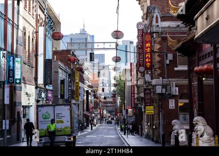 Melbourne, Australia. 11th Oct, 2023. This photo taken on Oct. 11, 2023 shows a street scene in Melbourne's Chinatown, Australia. Credit: Chu Chen/Xinhua/Alamy Live News Stock Photo