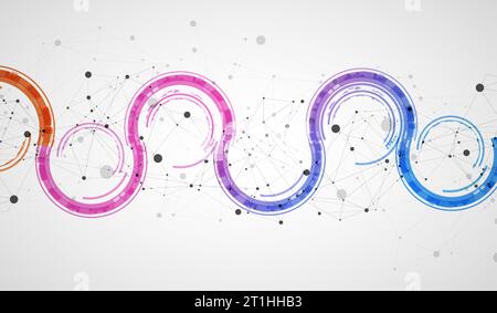 Technical background with plexus effect and wave made of techno circles. Stock Vector