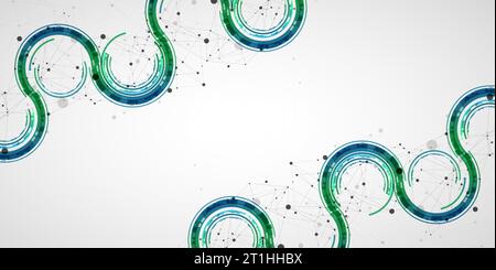 Technical background with plexus effect and wave made of techno circles. Stock Vector