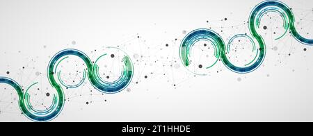 Technical background with plexus effect and wave made of techno circles. Stock Vector
