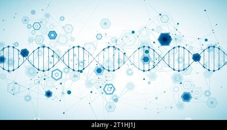 Abstract blue hexagon futuristic background for design works. Science template, wallpaper or banner with a DNA molecules. Stock Vector