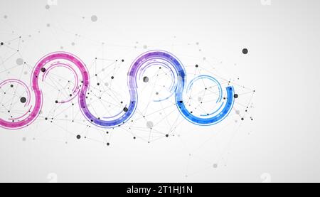 Technical background with plexus effect and wave made of techno circles. Stock Vector