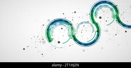 Technical background with plexus effect and wave made of techno circles. Stock Vector