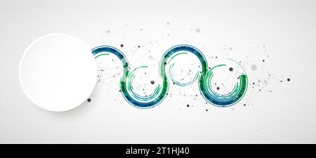 Technical background with plexus effect and wave made of techno circles. Stock Vector
