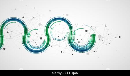 Technical background with plexus effect and wave made of techno circles. Stock Vector