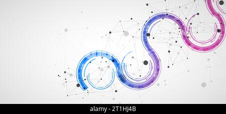 Technical background with plexus effect and wave made of techno circles. Stock Vector