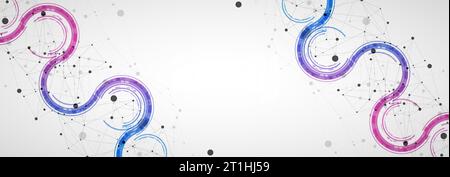 Technical background with plexus effect and wave made of techno circles. Stock Vector