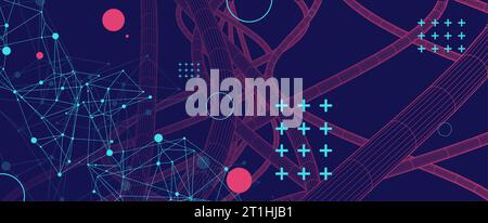 Vector abstract background with a wireframe dynamic pipes, line and particles. Plexus effect. Stock Vector