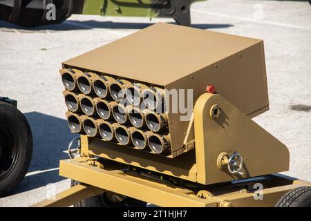 Multi-barrel rocket launcher (MRL) or multiple launch rocket system (MLRS) with32 launch tubes of caliber 128 mm, war military equipment, Stock Photo