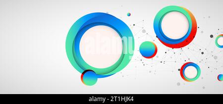 Multicolored circles arranged on a plexus abstraction for use in scientific or technical fields. Geometric abstract background with connected dots and Stock Vector
