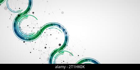 Technical background with plexus effect and wave made of techno circles. Stock Vector