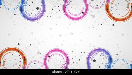 Technical background with plexus effect and wave made of techno circles. Stock Vector