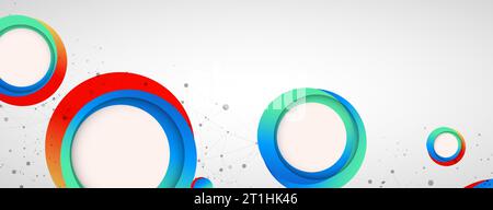 Multicolored circles arranged on a plexus abstraction for use in scientific or technical fields. Geometric abstract background with connected dots and Stock Vector