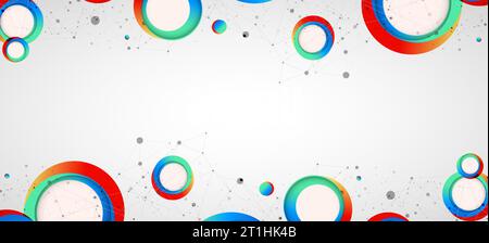 Multicolored circles arranged on a plexus abstraction for use in scientific or technical fields. Geometric abstract background with connected dots and Stock Vector
