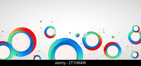 Multicolored circles arranged on a plexus abstraction for use in scientific or technical fields. Geometric abstract background with connected dots and Stock Vector