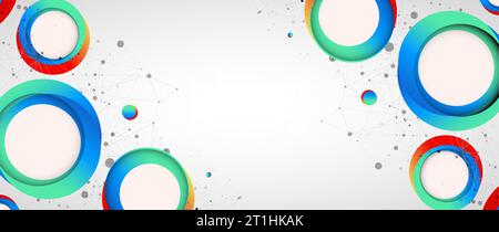 Multicolored circles arranged on a plexus abstraction for use in scientific or technical fields. Geometric abstract background with connected dots and Stock Vector
