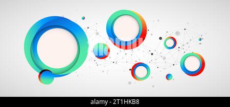 Multicolored circles arranged on a plexus abstraction for use in scientific or technical fields. Geometric abstract background with connected dots and Stock Vector
