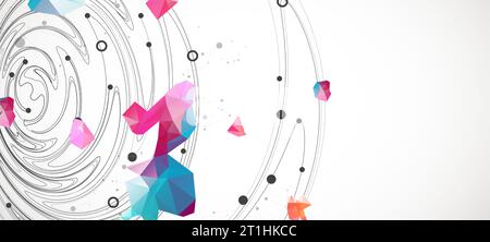 Colorful abstract swirling background with dots and geometric objects. Stock Vector